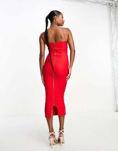 Vesper Petite bengaline asymmetric halterneck midi cut out dress in red