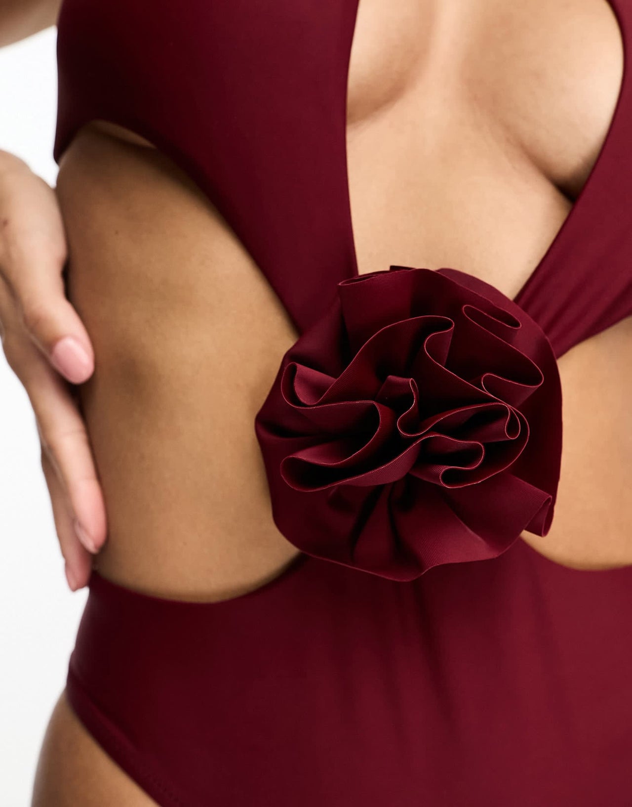 Candypants cross front cut out swimsuit with corsage detail in burgundy