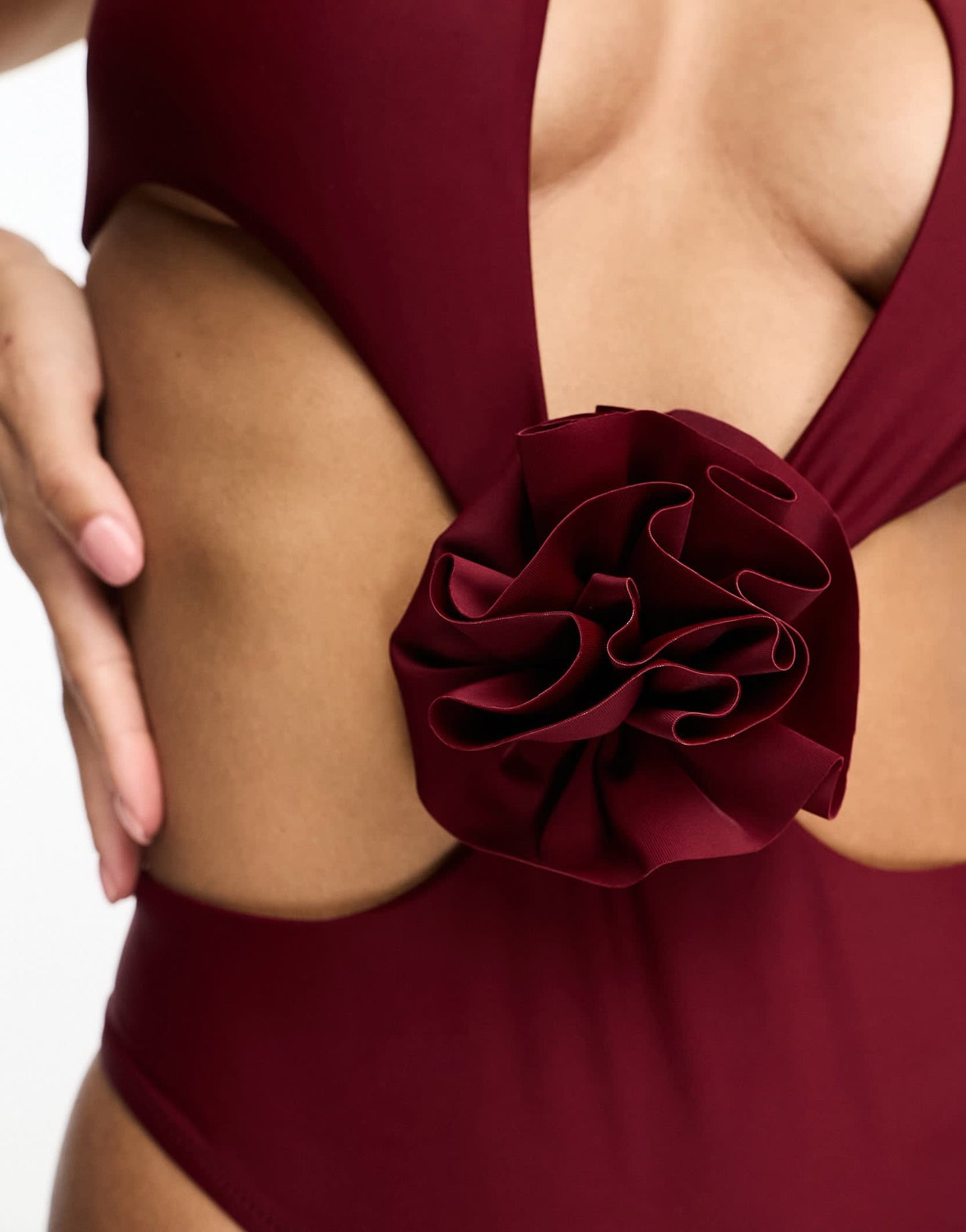 Candypants cross front cut out swimsuit with corsage detail in burgundy