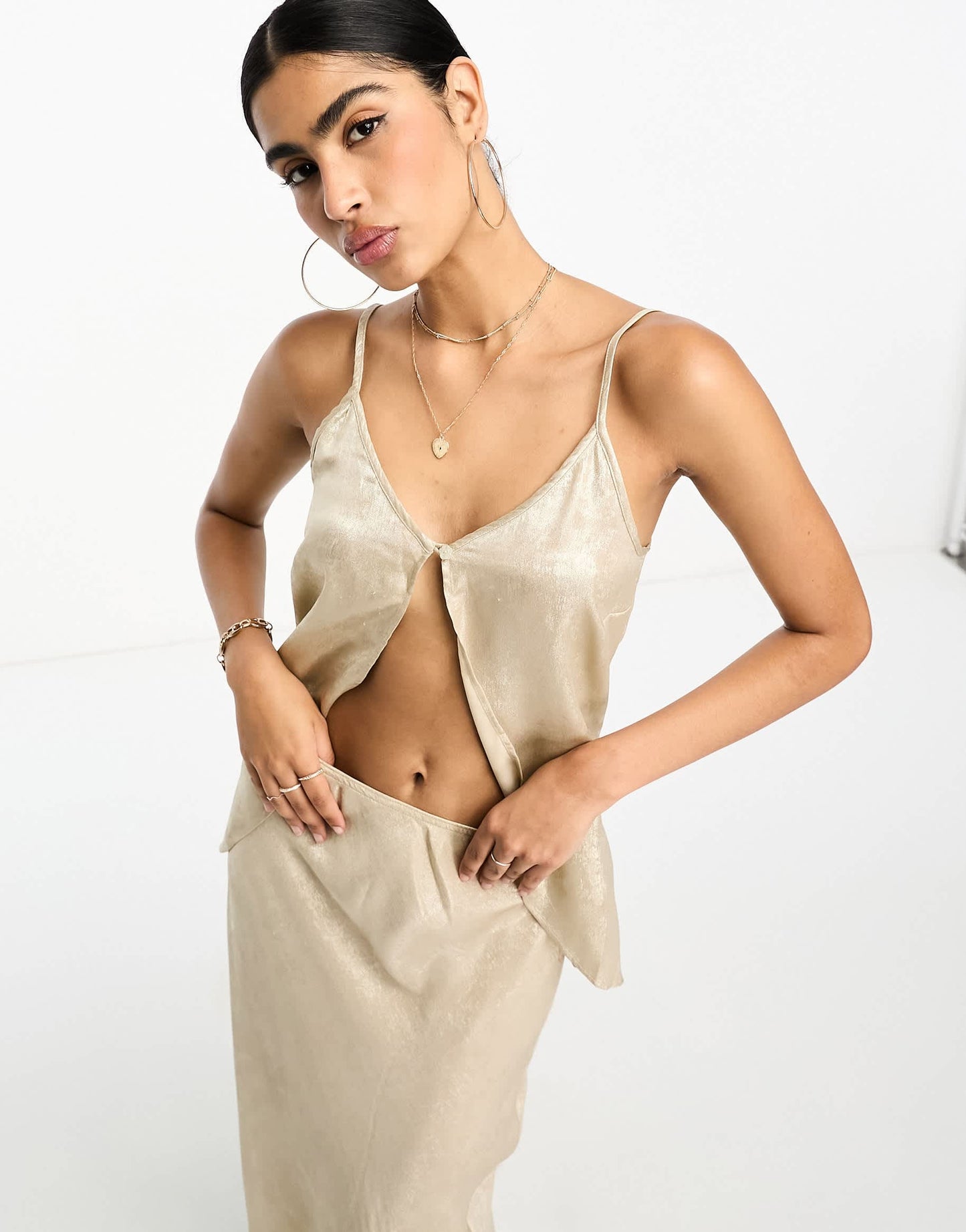 Never Fully Dressed 90s drape top co-ord in textured metallic