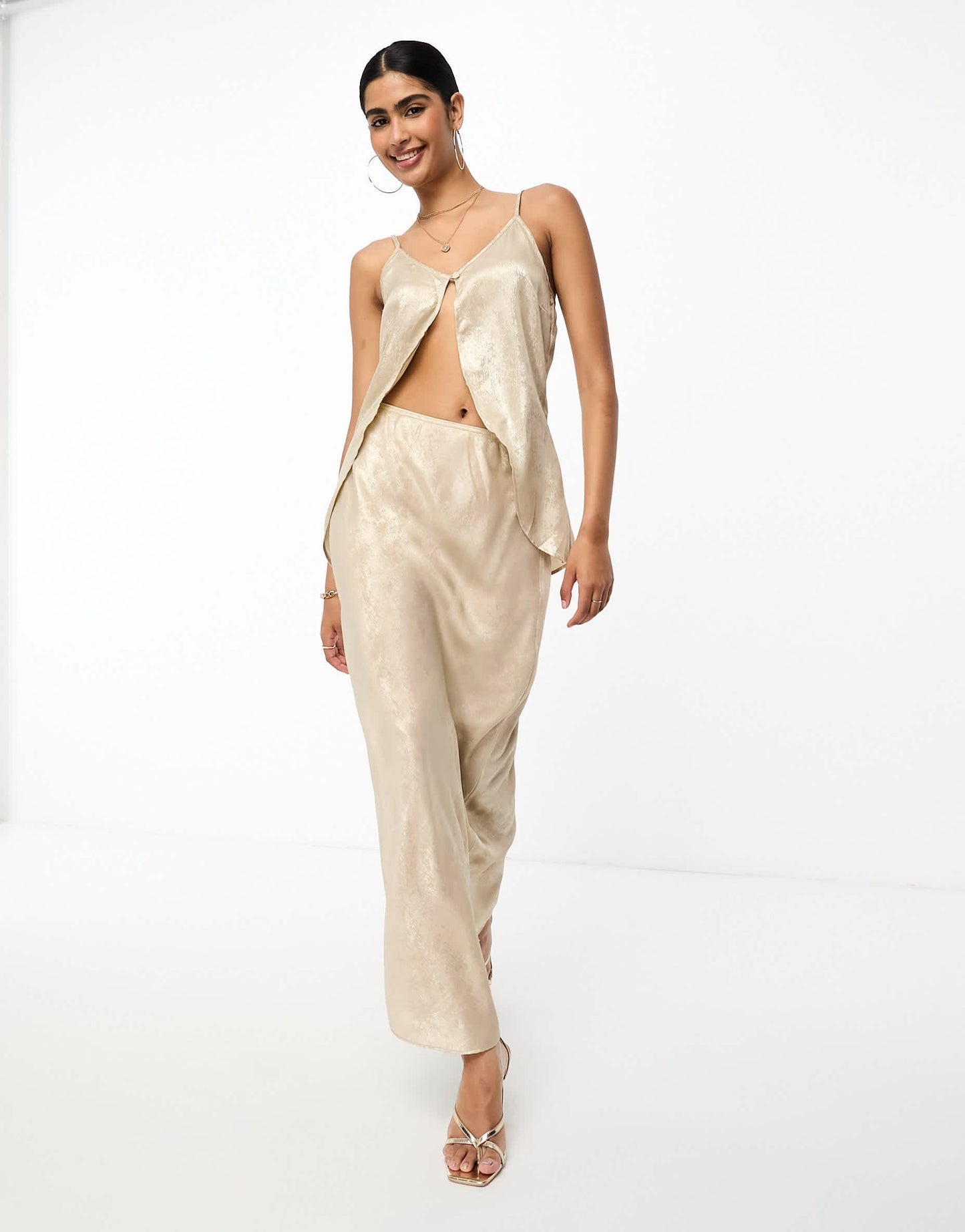 Never Fully Dressed 90s drape top co-ord in textured metallic