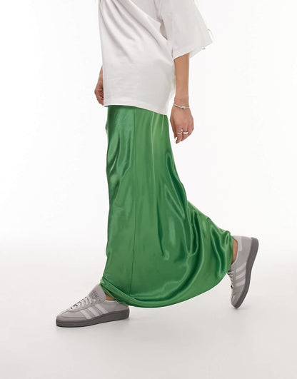 Topshop satin bias maxi skirt in opal green