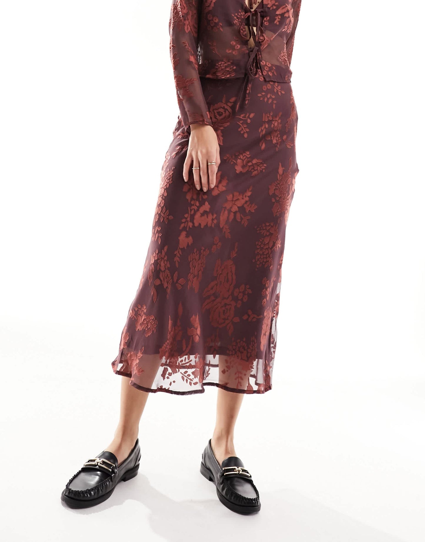 Wednesday's Girl bias cut floral burnout midaxi skirt co-ord in rust