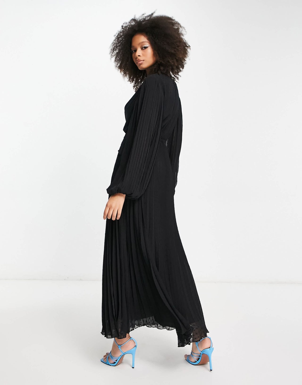 ASOS DESIGN pleated dobby chiffon wrap button detail maxi dress in black