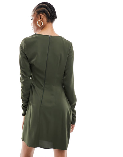 ASOS DESIGN Tall asymmetric neck ruched sleeve mini dress in khaki