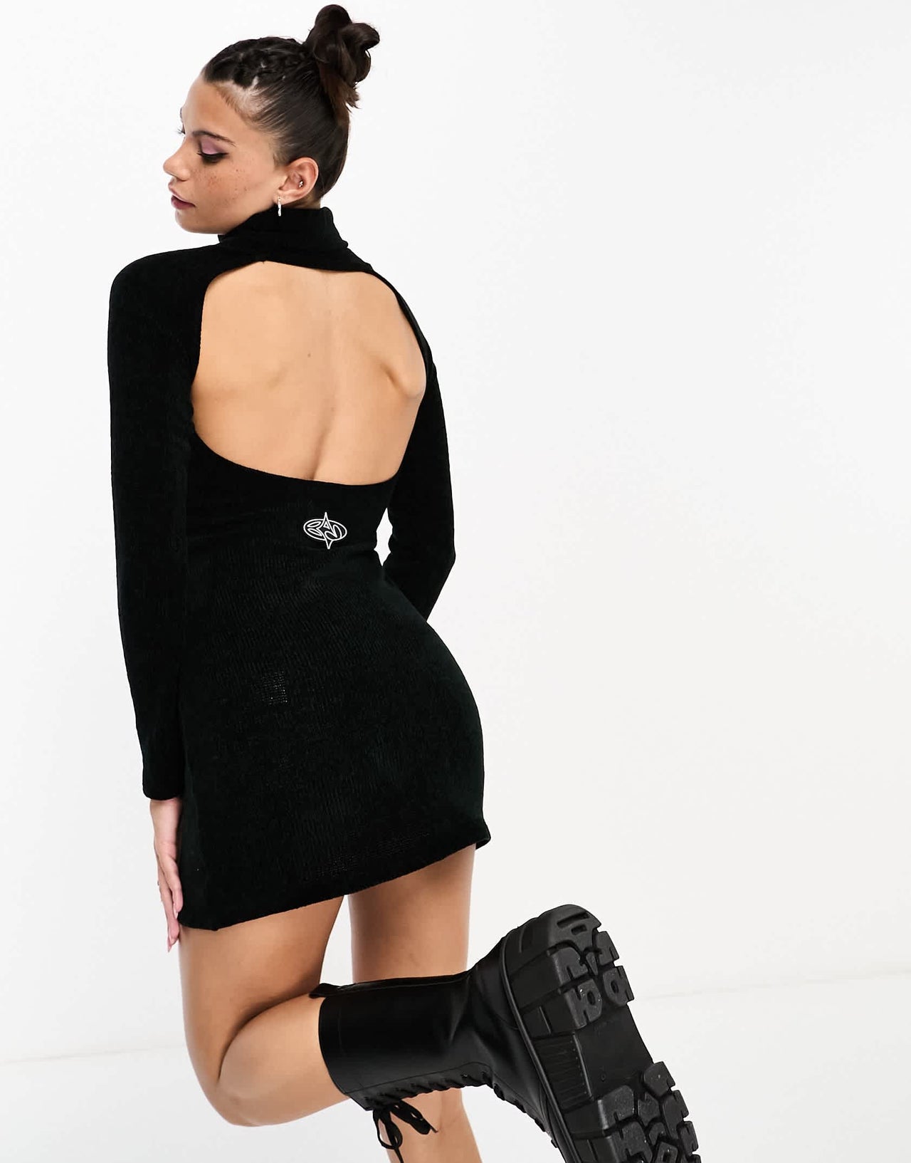 Basic Pleasure Mode chenille bodycon backless mini dress in black