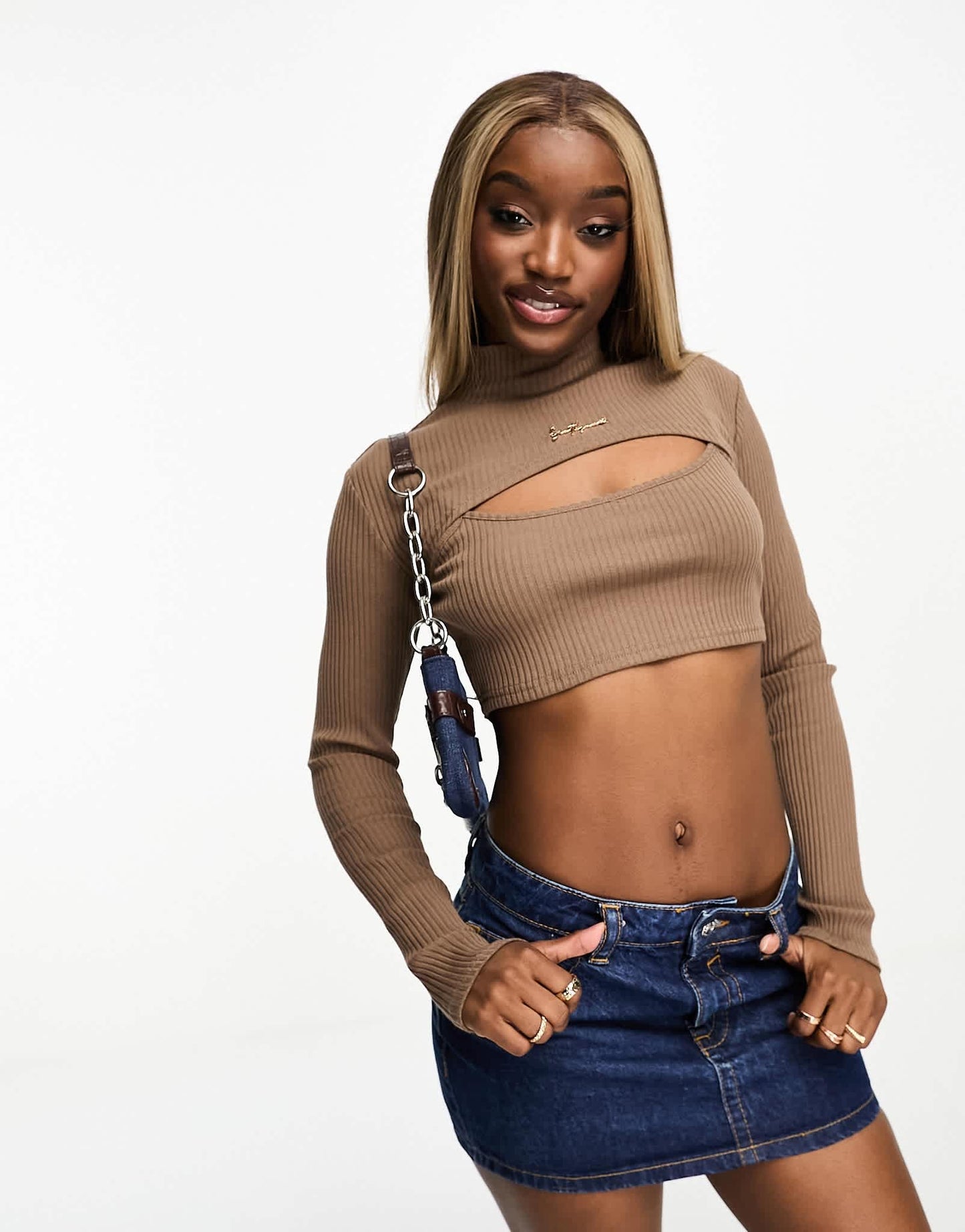 Sixth June 2 in 1 high neck cut out detail crop top in brown
