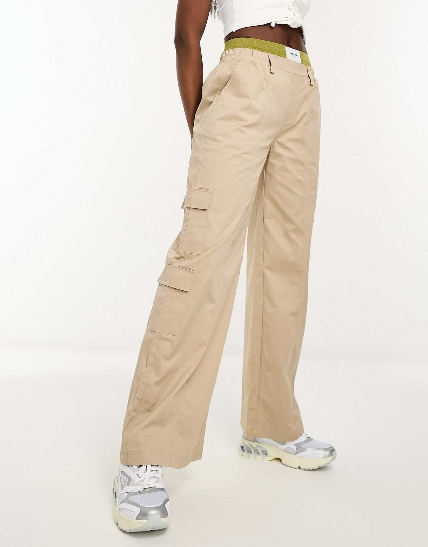 Sixth June constrast band cargo trousers in beige and green
