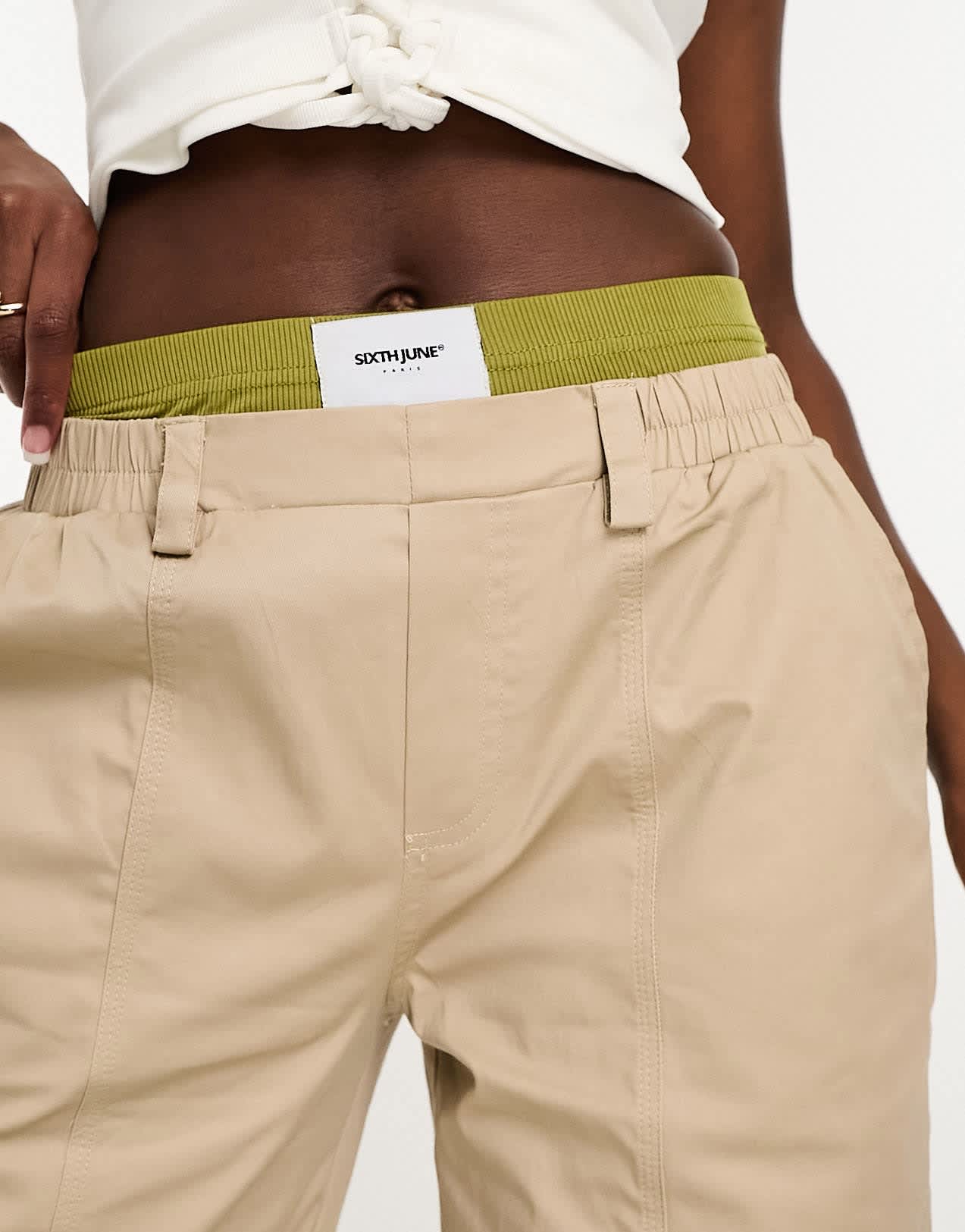 Sixth June constrast band cargo trousers in beige and green