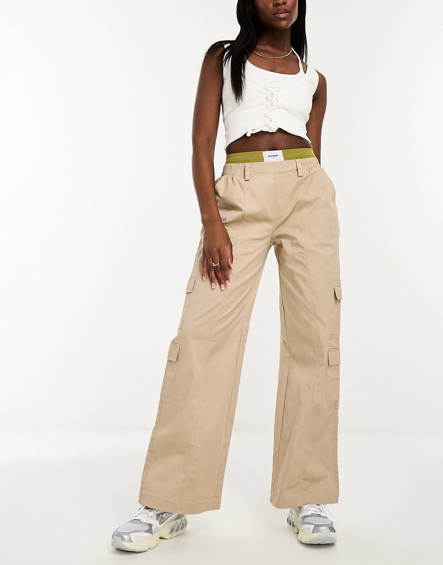 Sixth June constrast band cargo trousers in beige and green