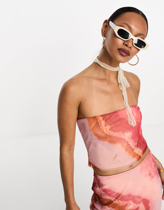ASOS DESIGN mesh bandeau top co-ord in abstract print