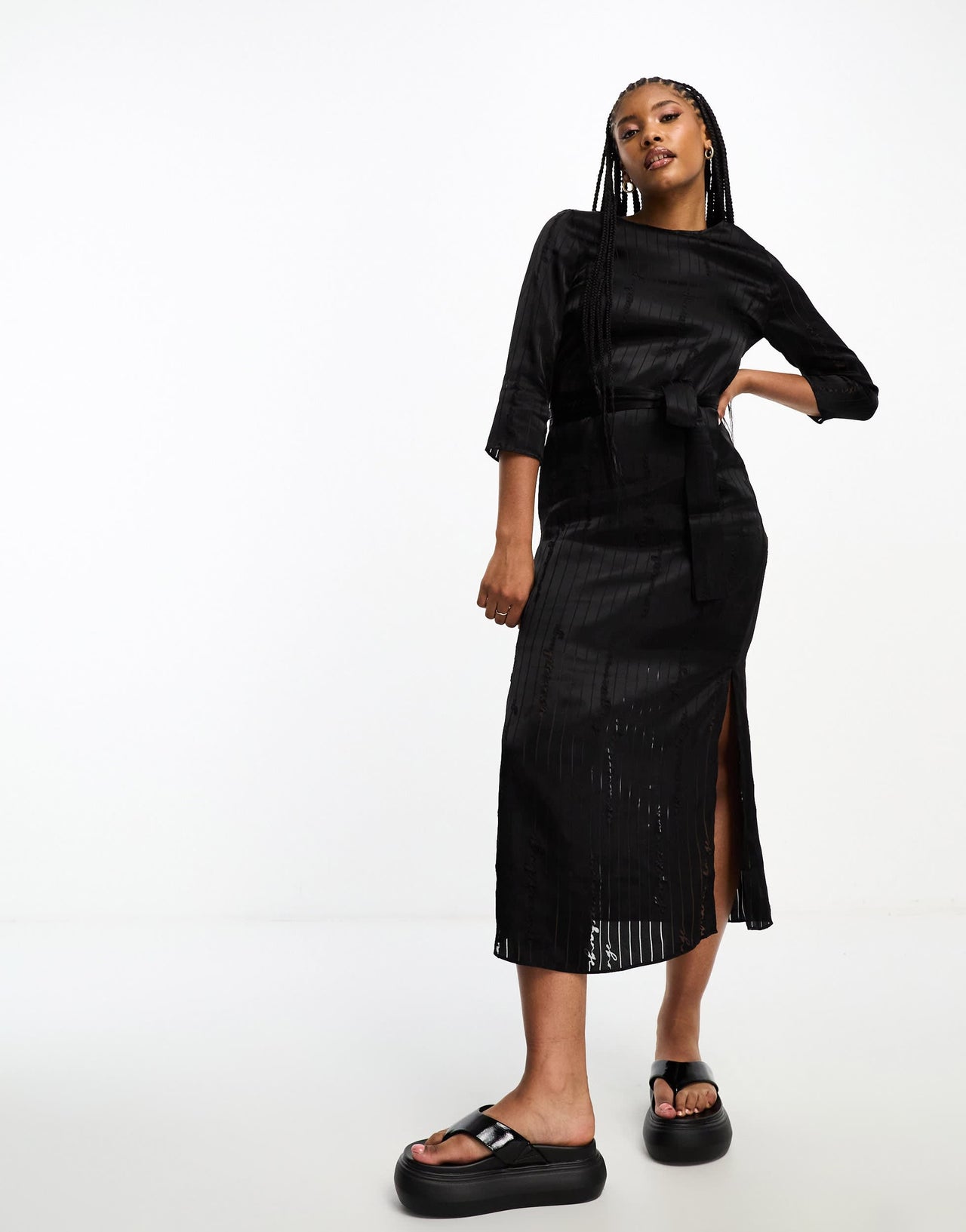 Armani Exchange repeat text logo satin maxi dress in black