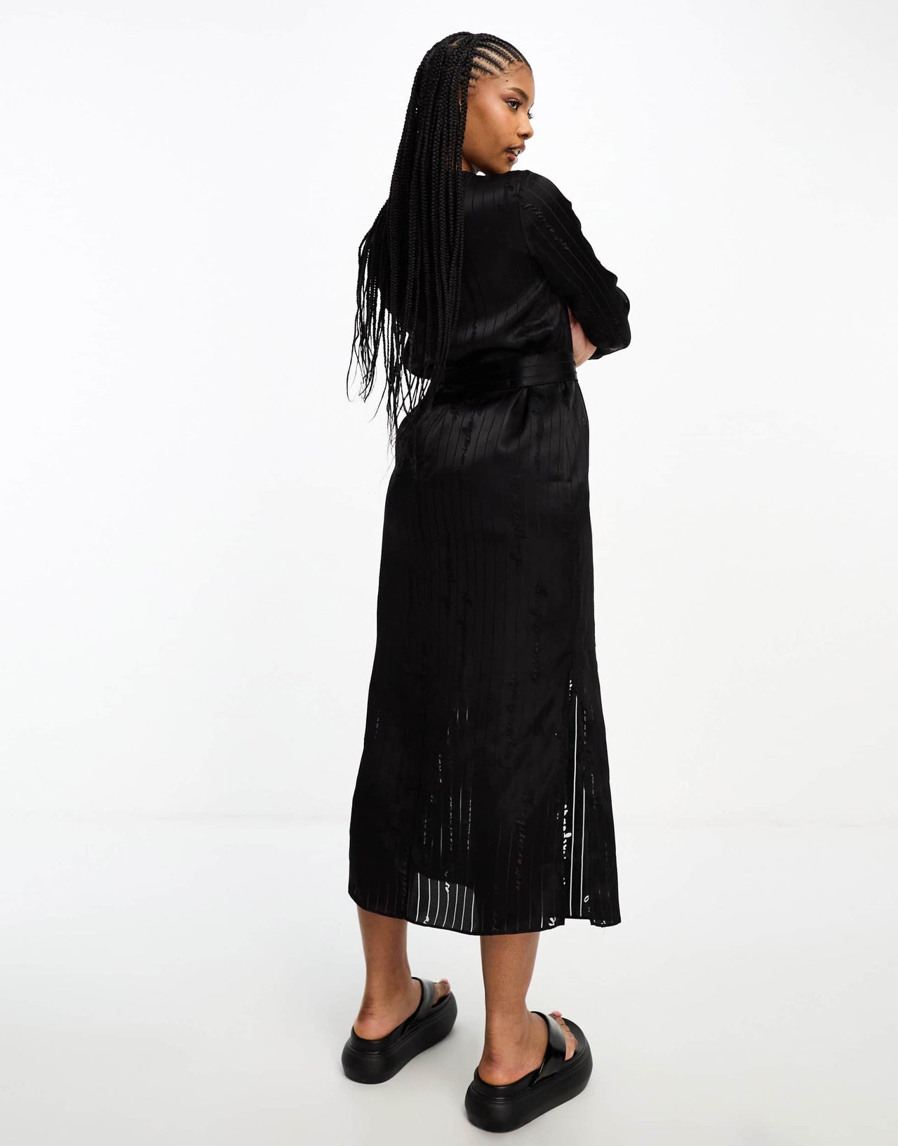 Armani Exchange repeat text logo satin maxi dress in black