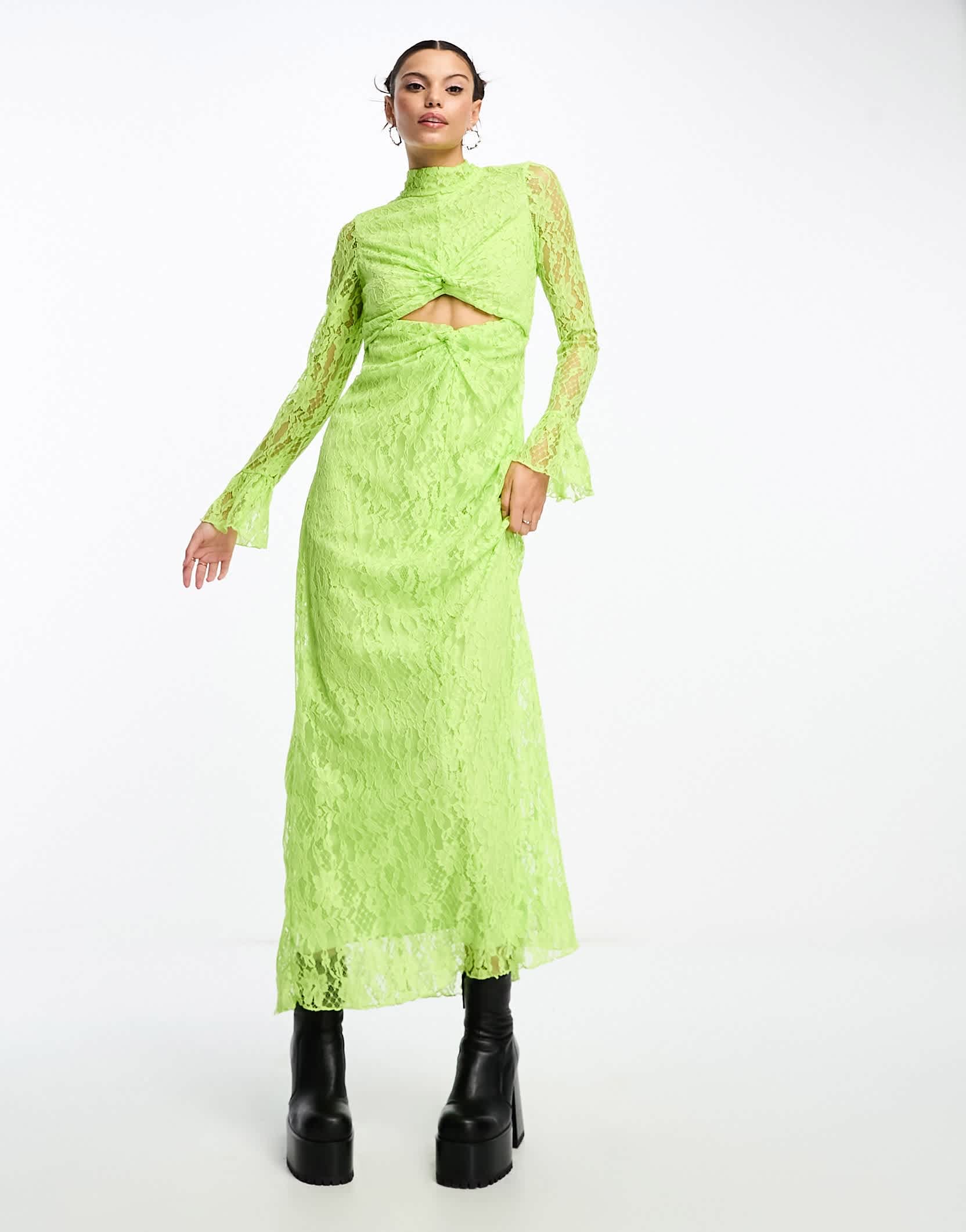 Something New x Lame. Cobain high neck lace maxi dress with cut outs in acidic lime green