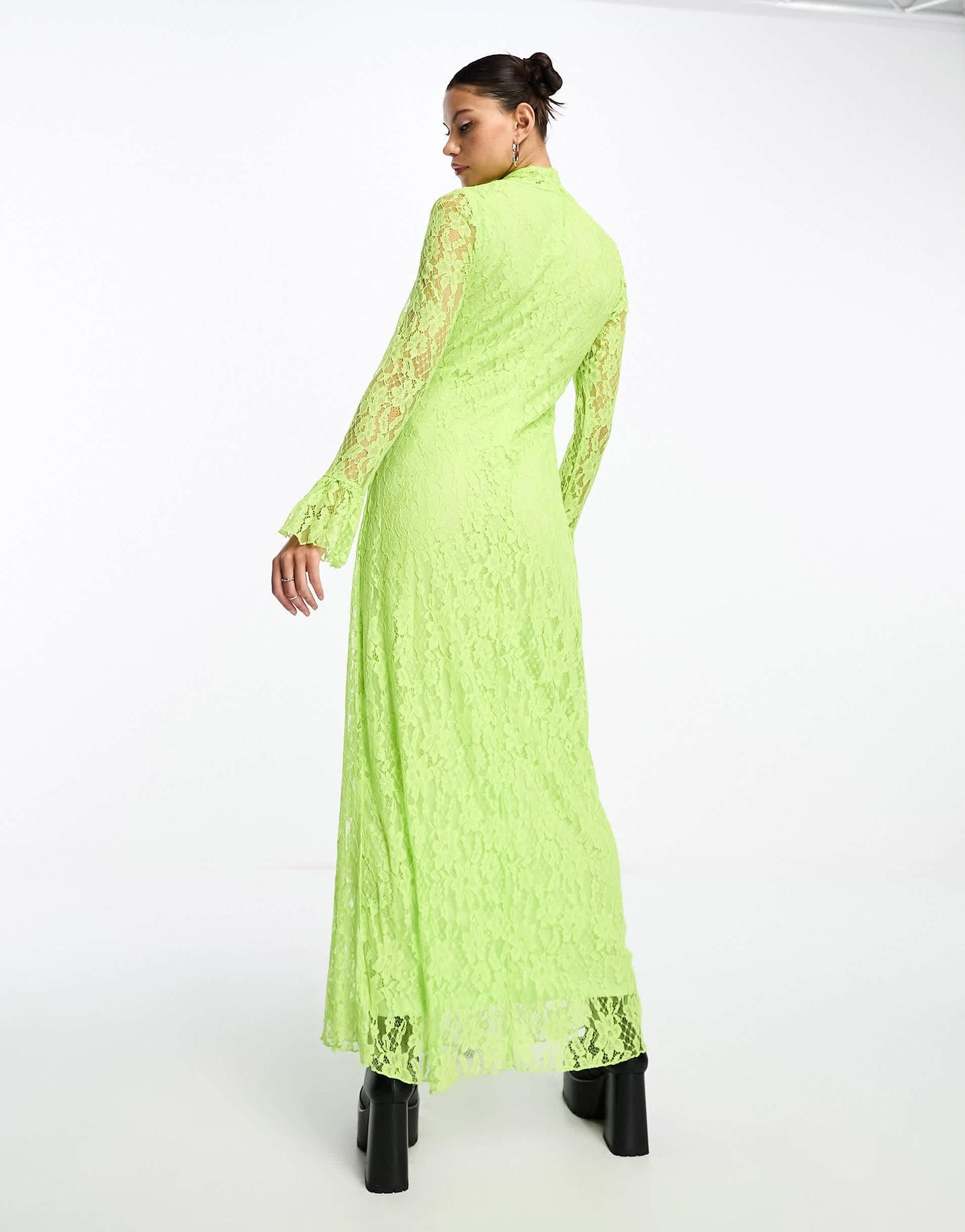 Something New x Lame. Cobain high neck lace maxi dress with cut outs in acidic lime green