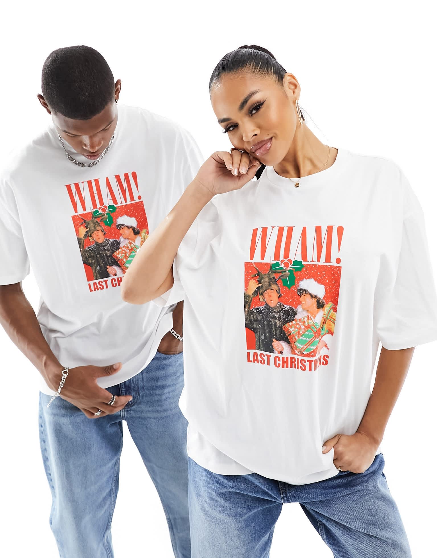 ASOS DESIGN unisex license oversized t-shirt in white with WHAM Christmas print