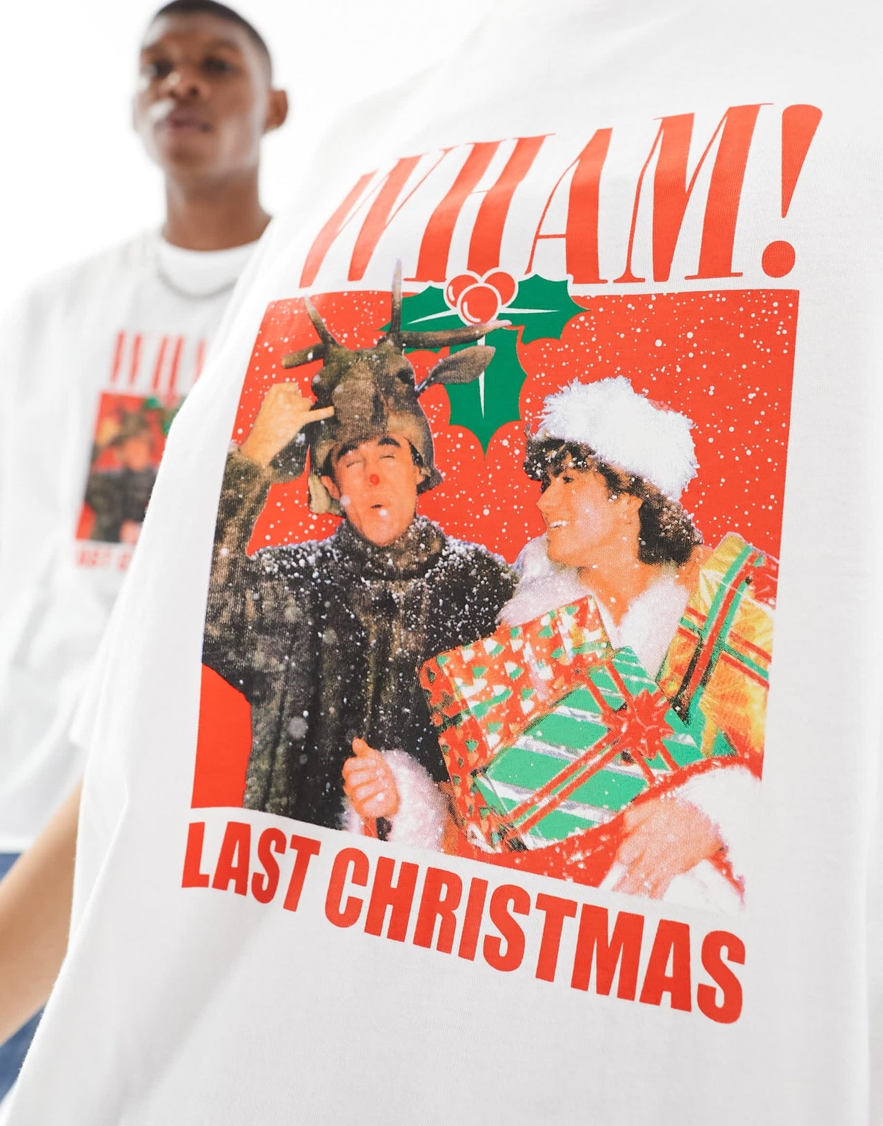ASOS DESIGN unisex license oversized t-shirt in white with WHAM Christmas print