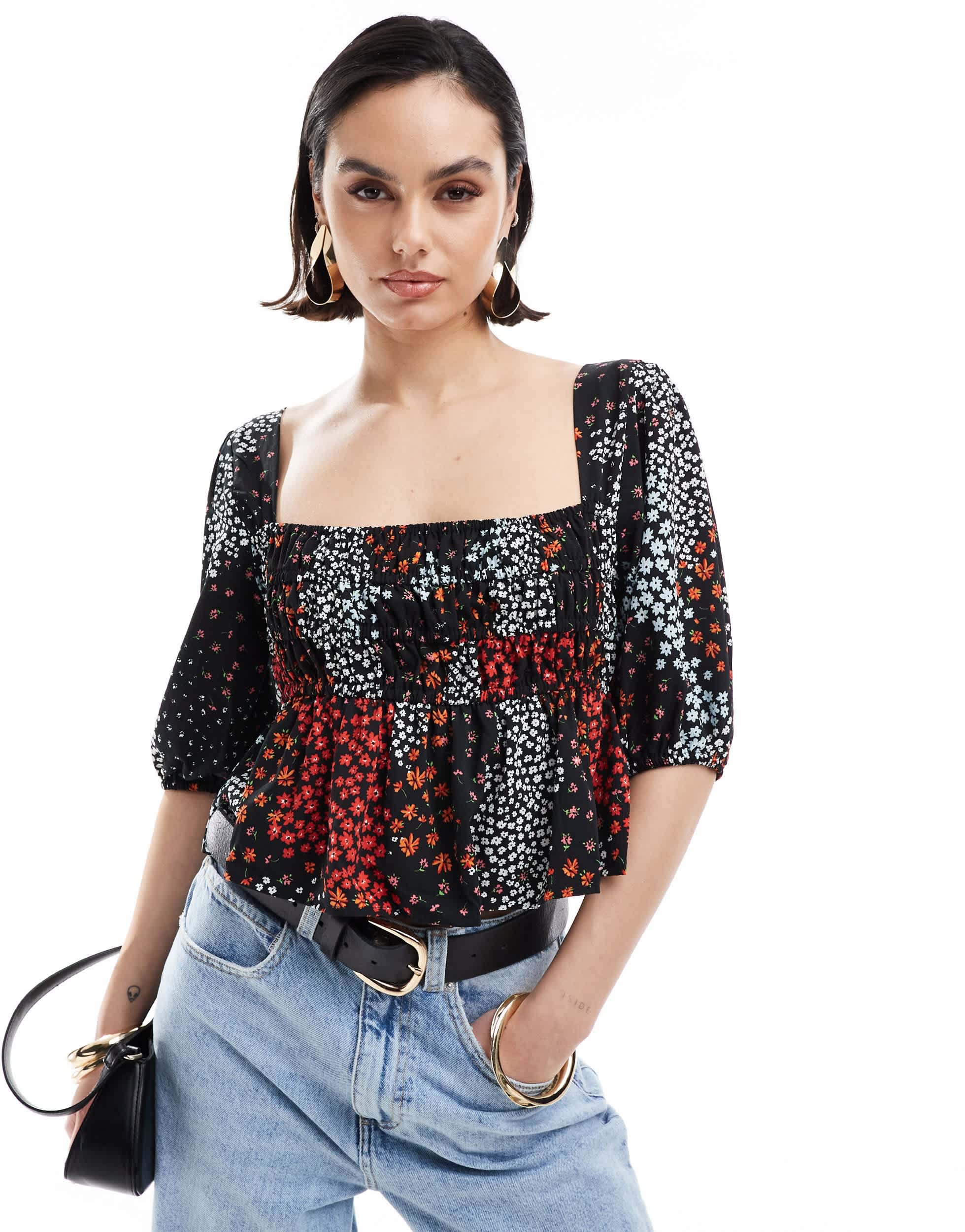 ASOS DESIGN long sleeve shirred square neck top in ditsy print