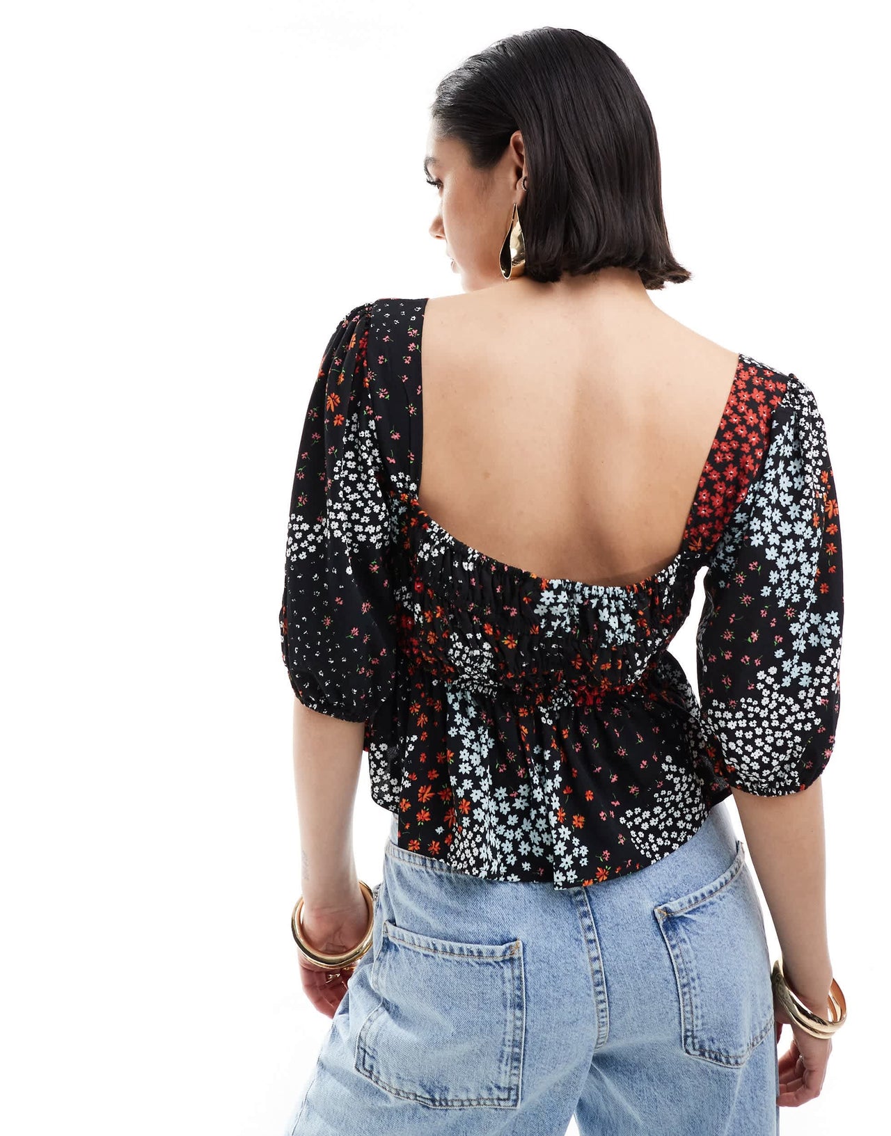 ASOS DESIGN long sleeve shirred square neck top in ditsy print