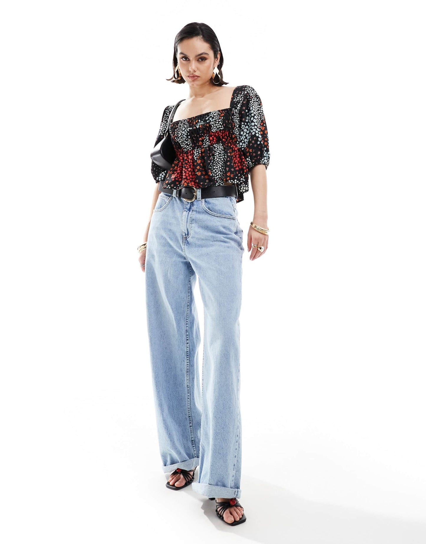 ASOS DESIGN long sleeve shirred square neck top in ditsy print