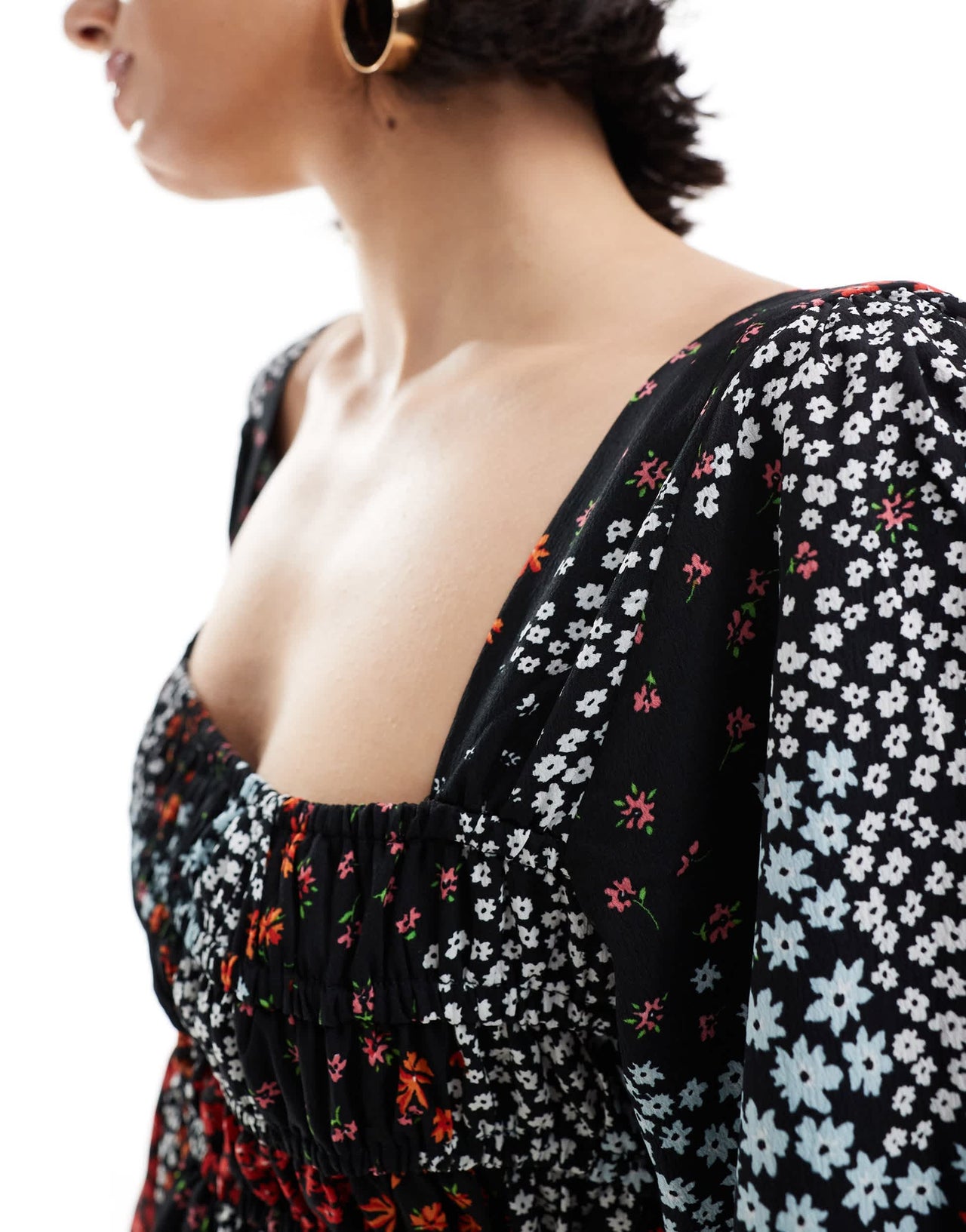 ASOS DESIGN long sleeve shirred square neck top in ditsy print