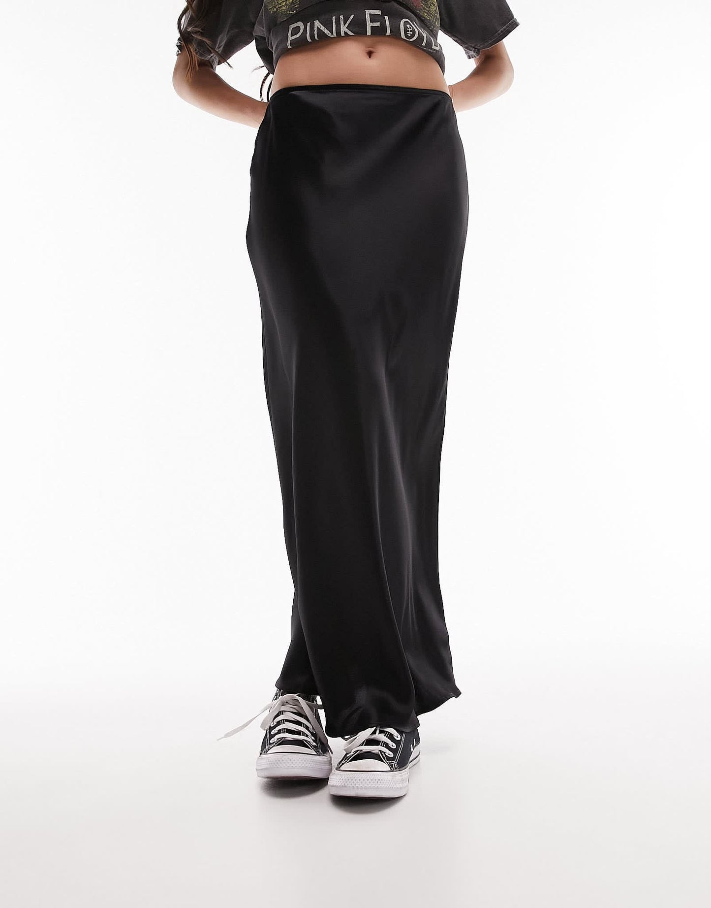 Topshop satin bias midi skirt in black