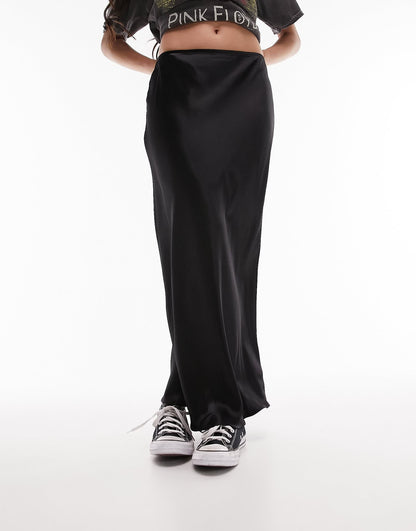 Topshop satin bias midi skirt in black