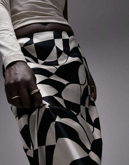 Topshop Tall satin bias maxi skirt in mono geo print