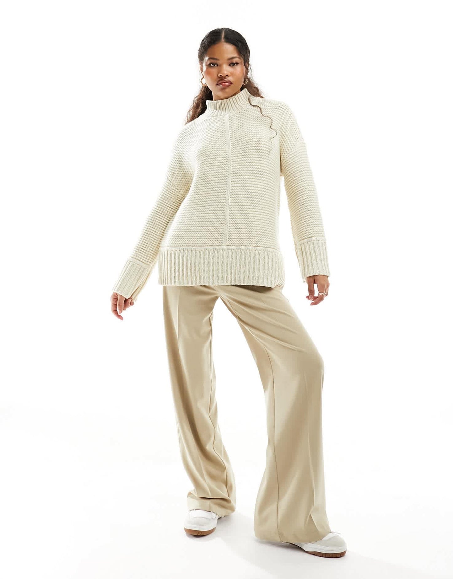 Vero Moda Petite premium oversized longline jumper with seam detail in cream