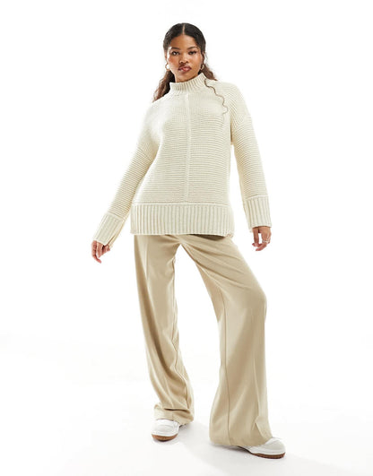 Vero Moda Petite premium oversized longline jumper with seam detail in cream