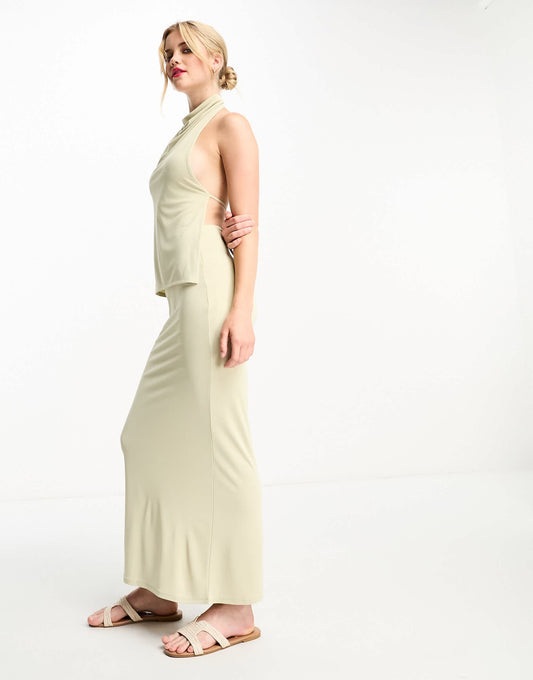 Pull&Bear slinky column maxi skirt co-ord in sand