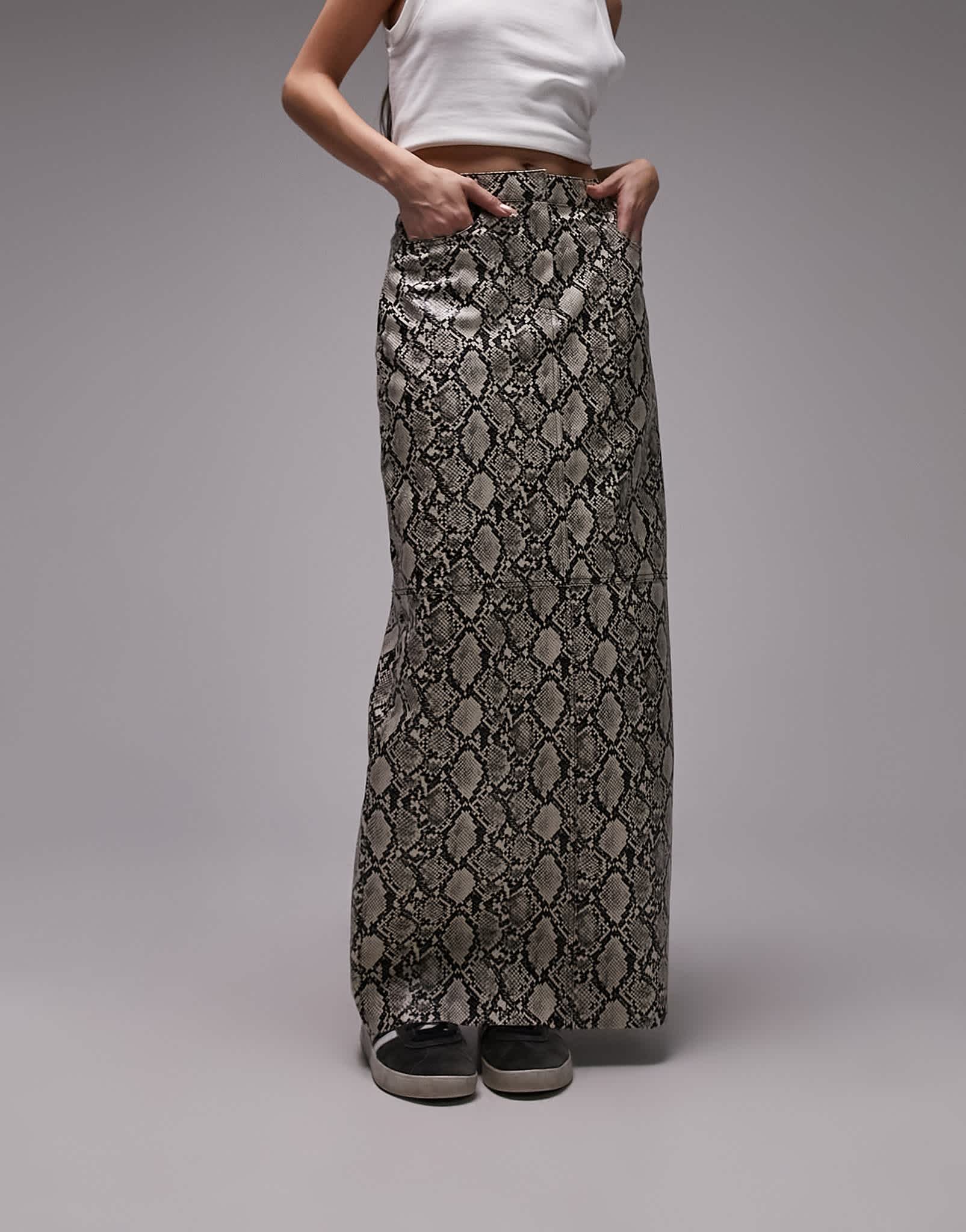 Topshop leather look maxi skirt in grey snake print