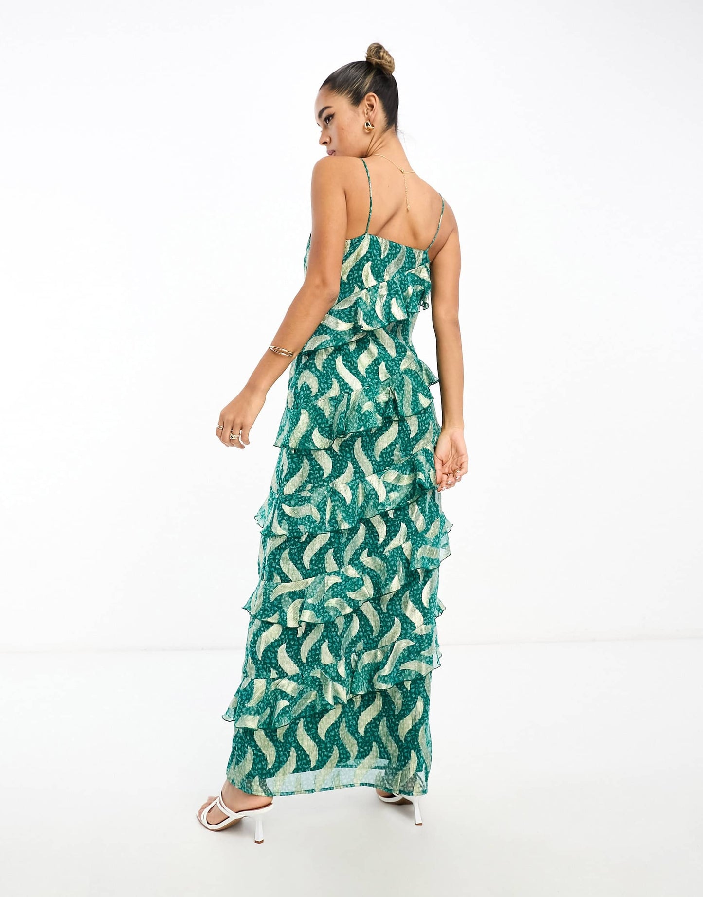 River Island metallic ruffle slip dress in green geometric print