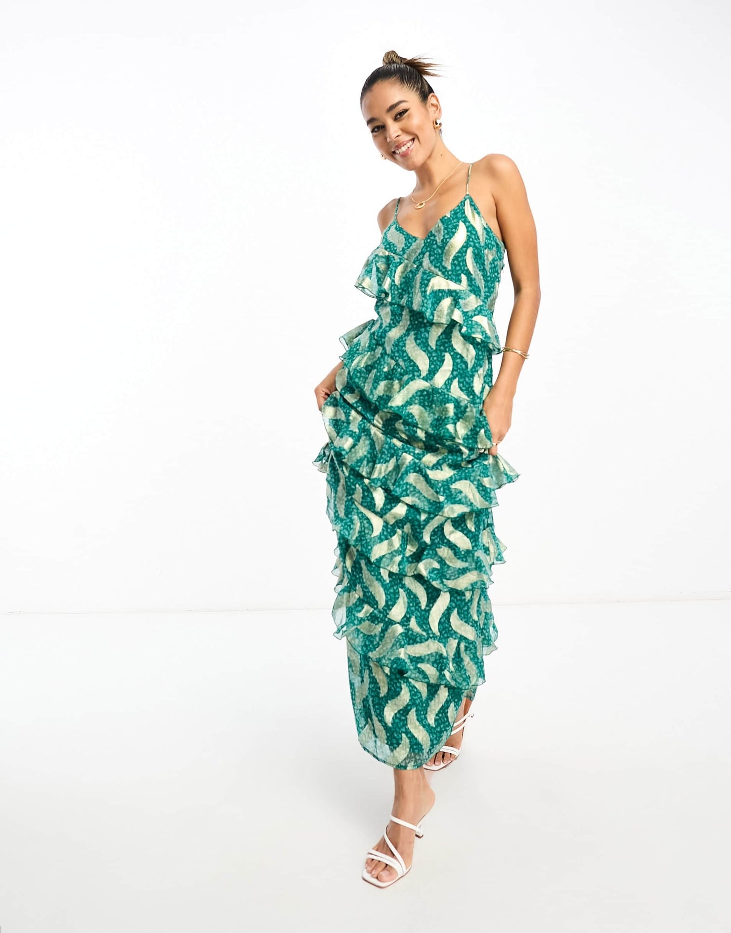 River Island metallic ruffle slip dress in green geometric print