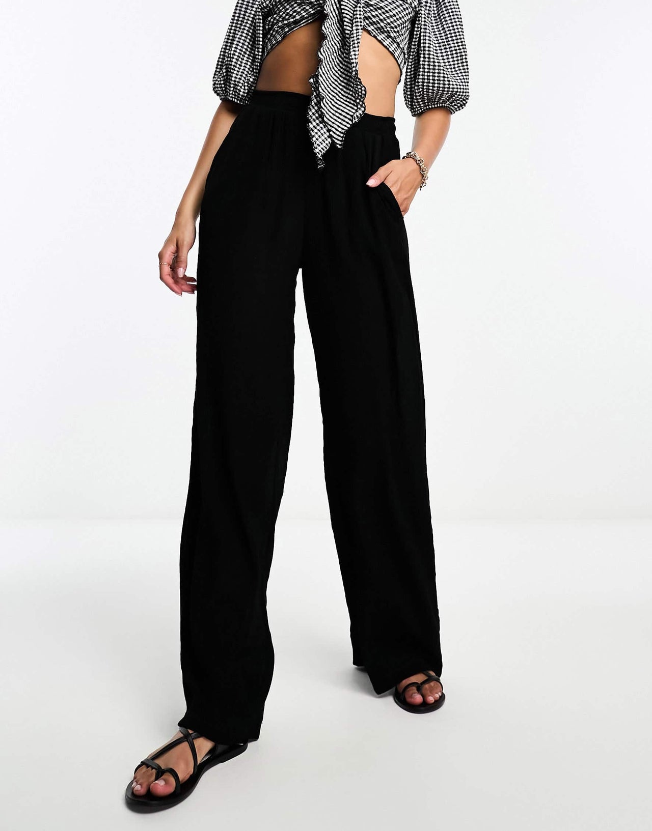 Bershka high waisted crinkle trousers in black