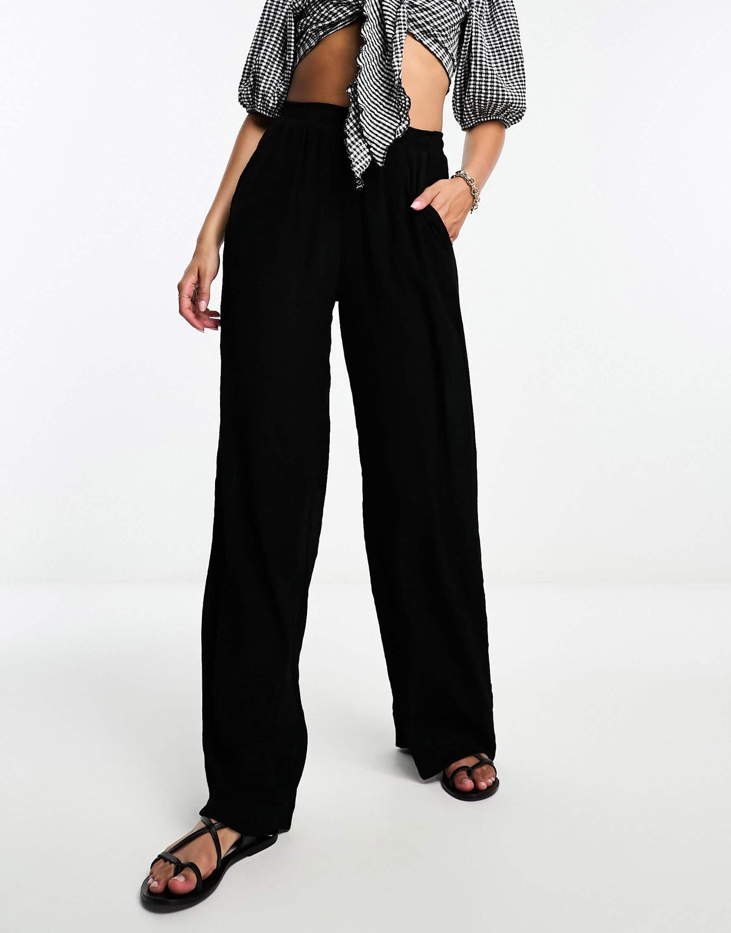 Bershka high waisted crinkle trousers in black