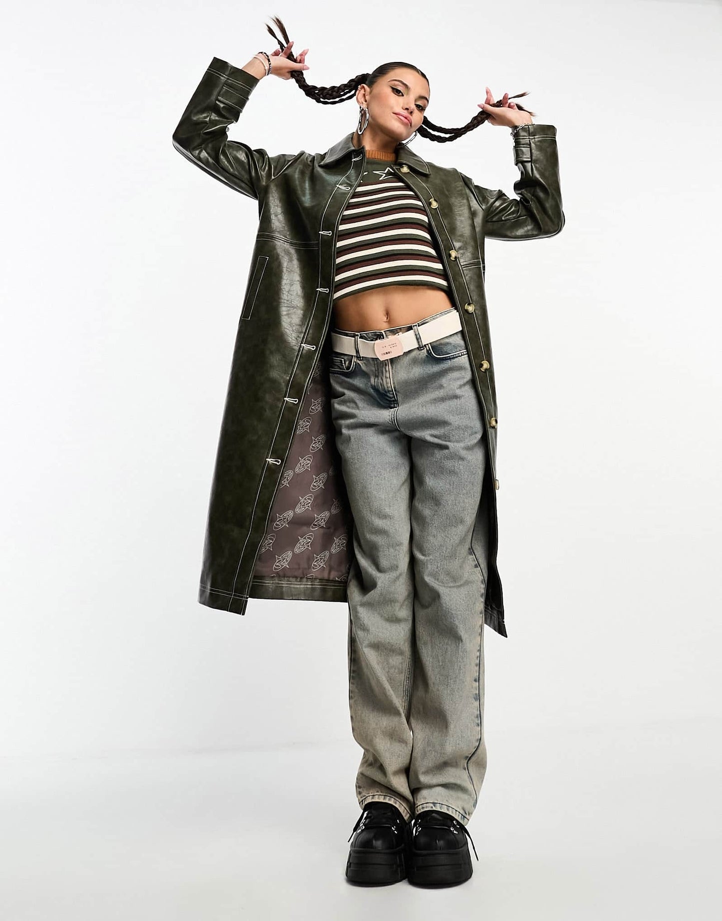 Basic Pleasure Mode cracked faux leather cortex trench in khaki green