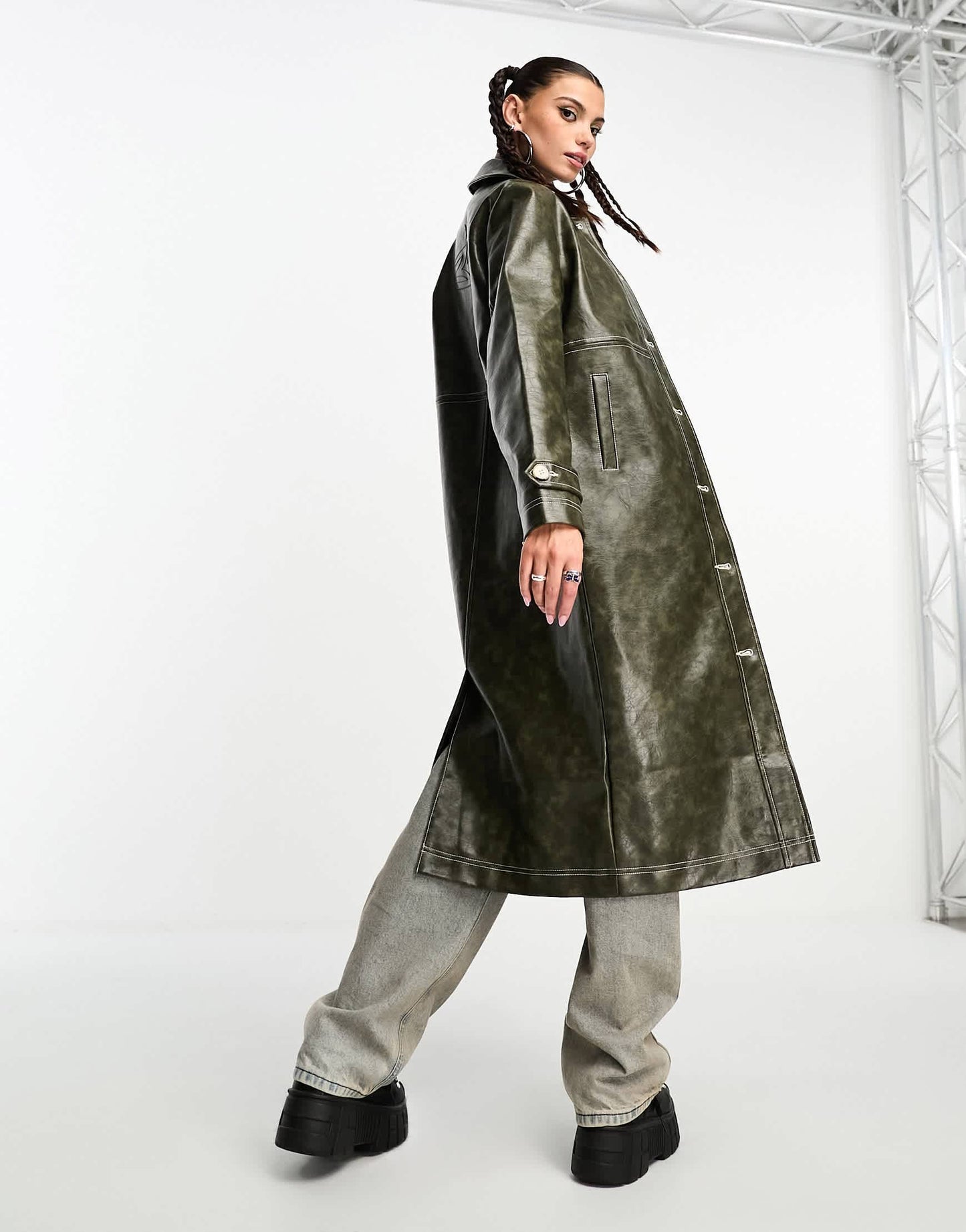 Basic Pleasure Mode cracked faux leather cortex trench in khaki green