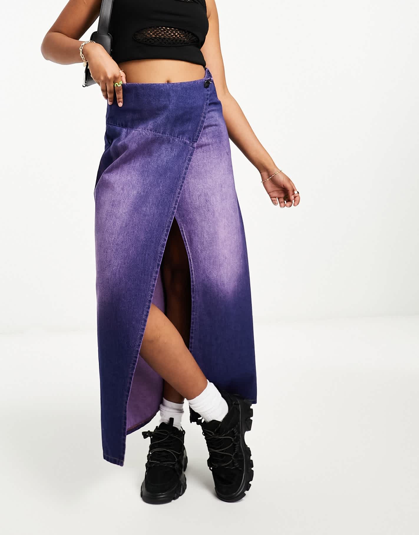 Basic Pleasure Mode blackcurrant wash denim wrap maxi skirt in purple