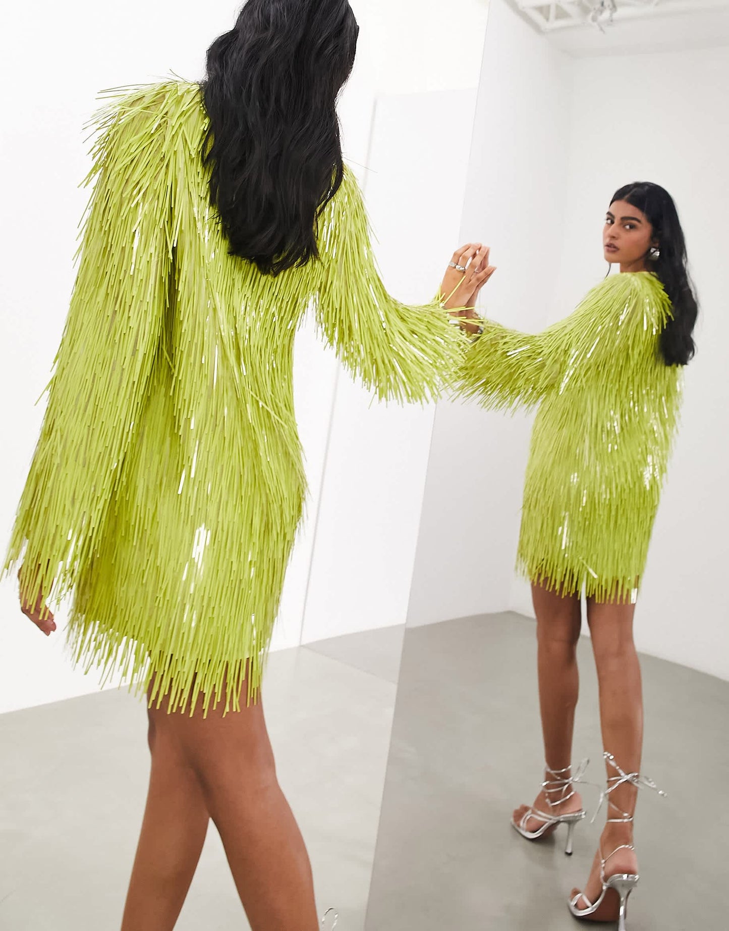 ASOS EDITION shard sequin long sleeve mini dress in lime green