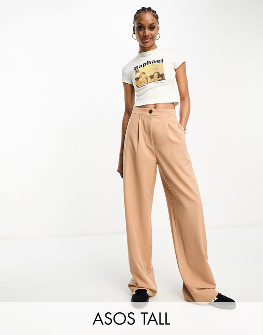 ASOS DESIGN Tall tailored wide leg dad trousers in camel