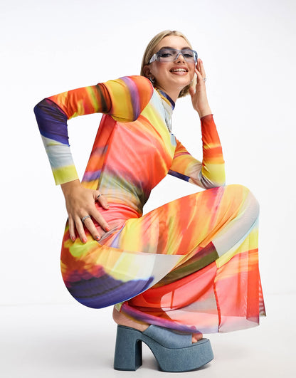 Noisy May mesh maxi dress in multi sunset print