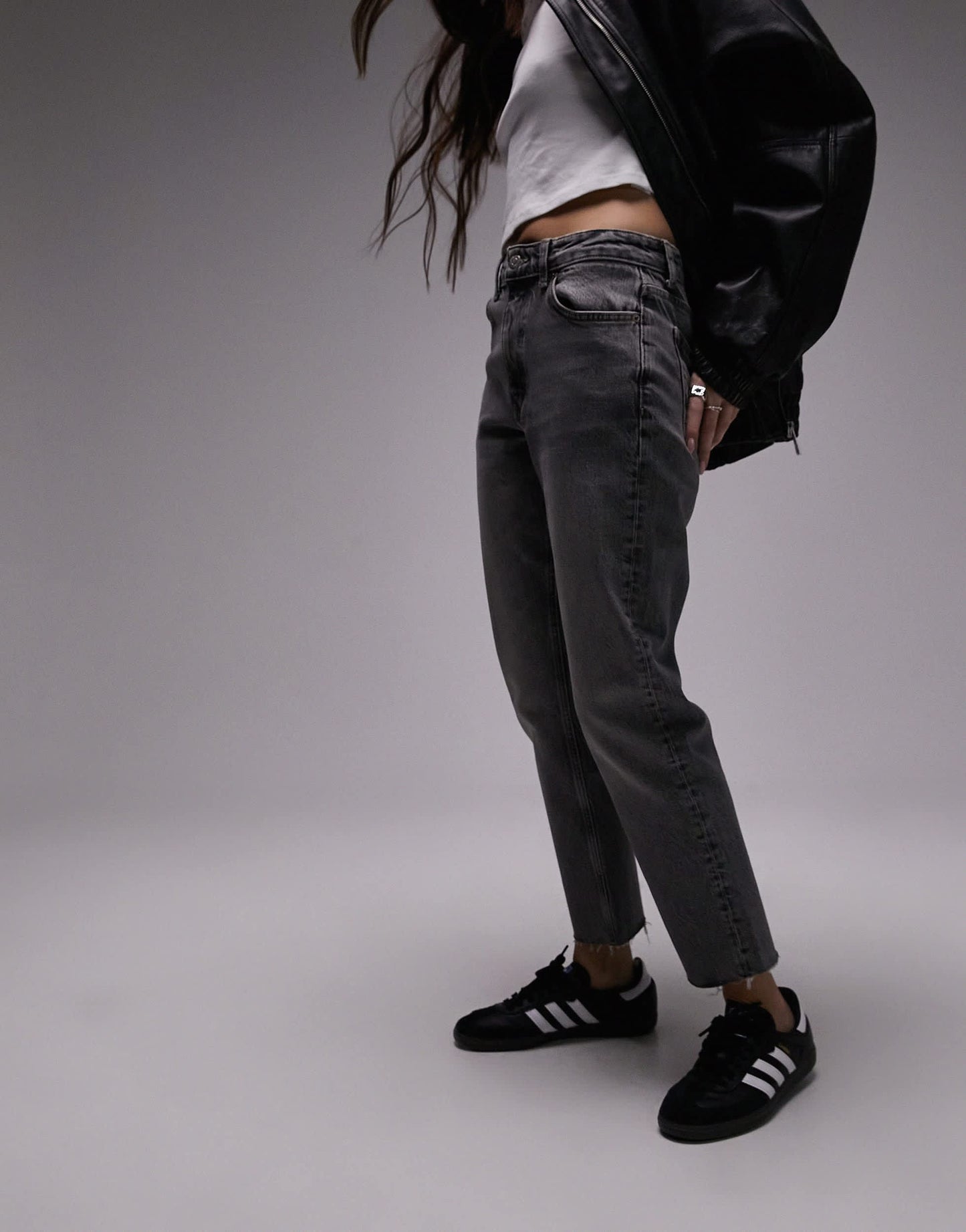 Topshop mid rise straight cropped jean with raw hems in grey