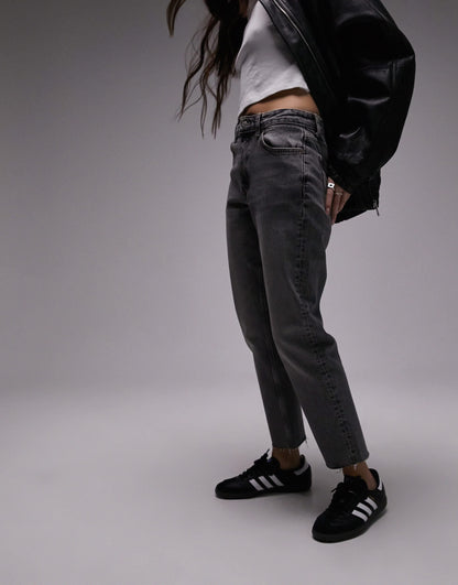 Topshop mid rise straight cropped jean with raw hems in grey