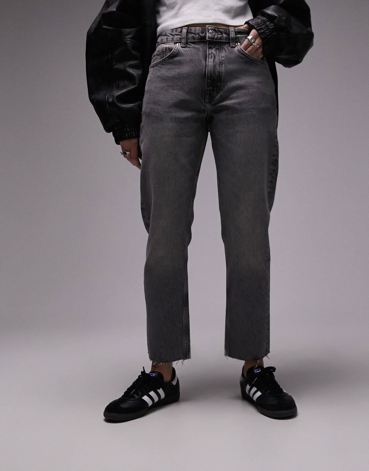 Topshop mid rise straight cropped jean with raw hems in grey