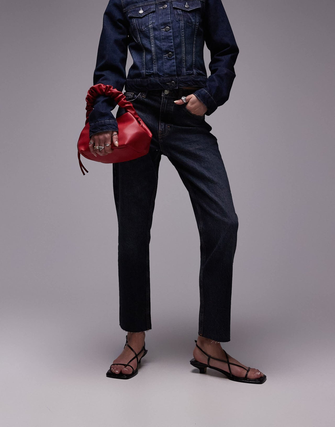 Topshop mid rise straight cropped jean with raw hems in blue black