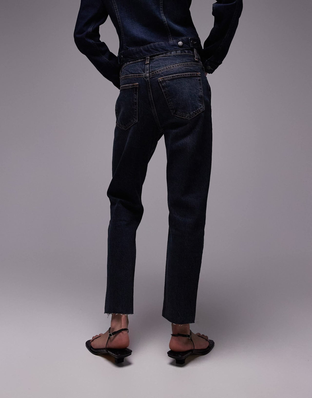 Topshop mid rise straight cropped jean with raw hems in blue black