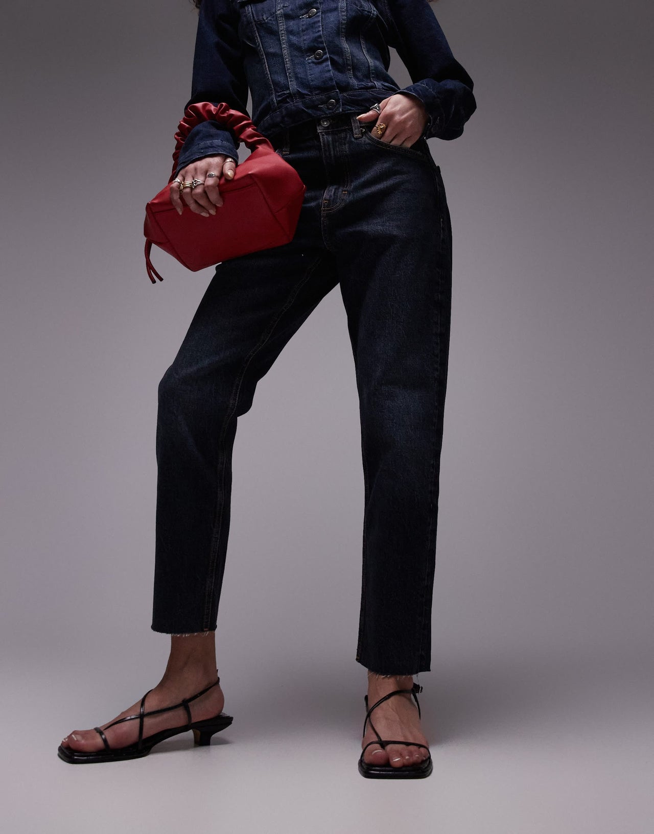 Topshop mid rise straight cropped jean with raw hems in blue black