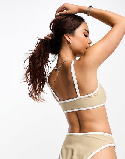 4th & Reckless calli contrast bikini top in beige and white
