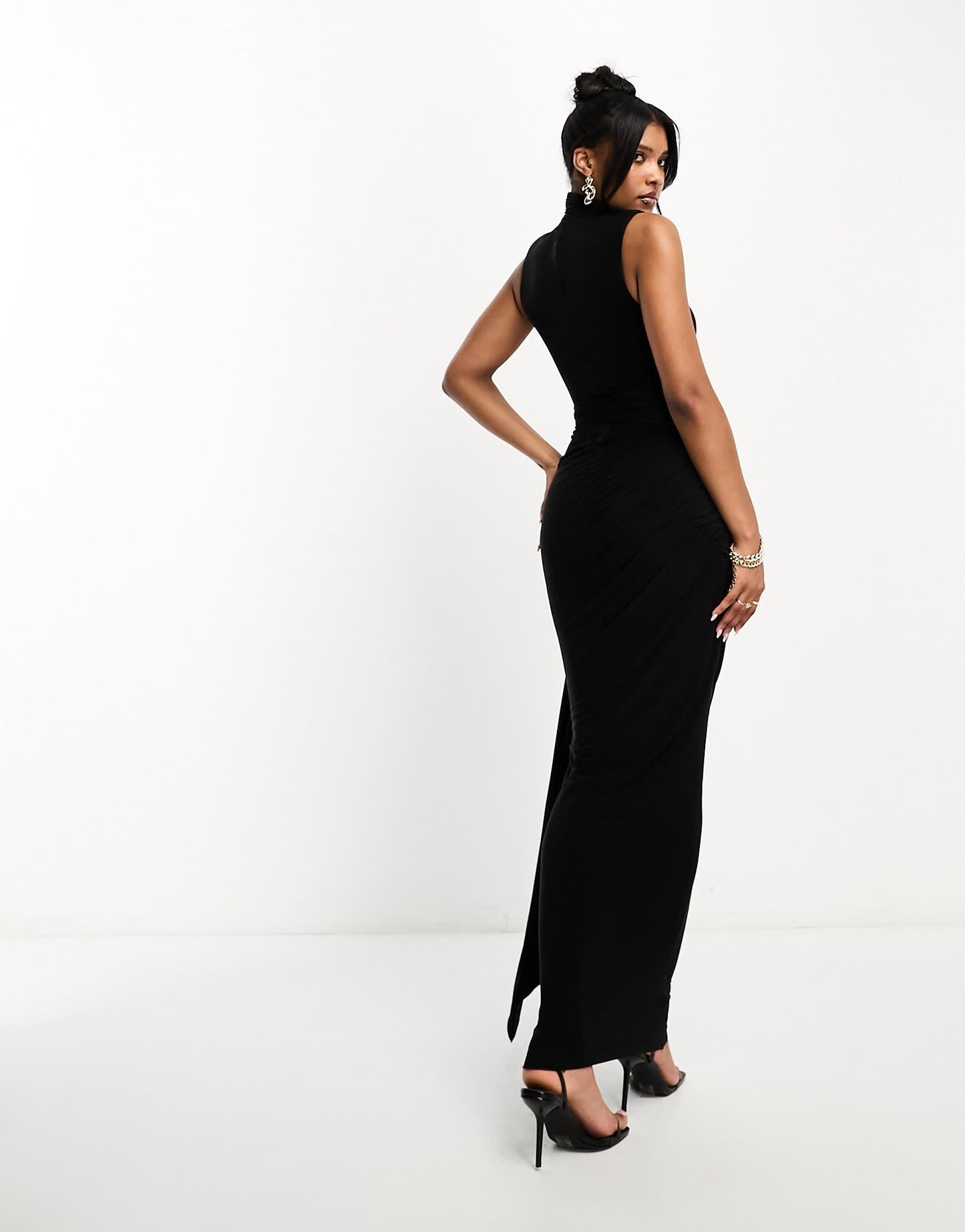 Naked Wardrobe ruched shoulder detail draped maxi dress in black